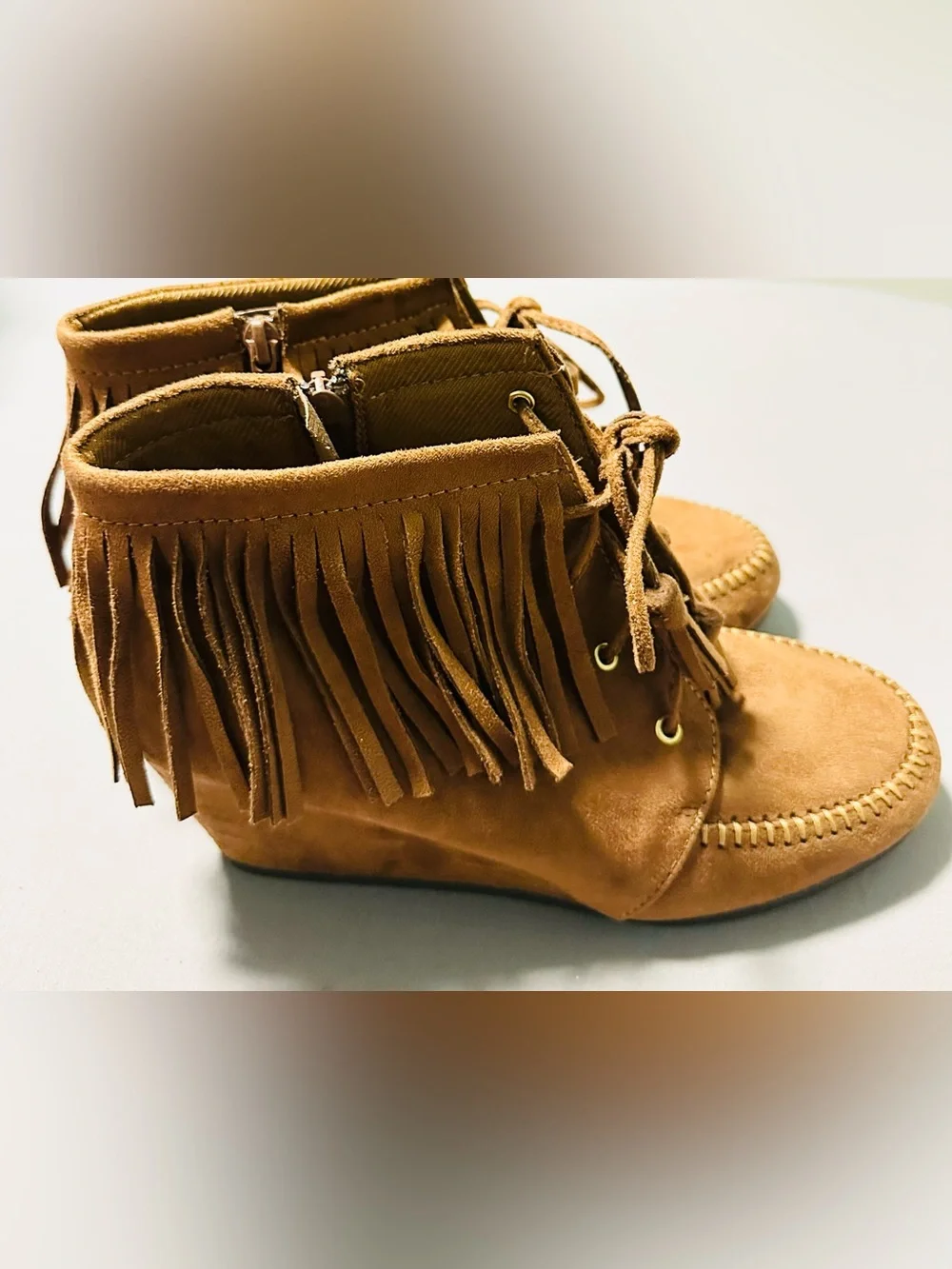 Women’s Leather Suede Moccasin Fringe Tassel Lace-Up Wedge Booties